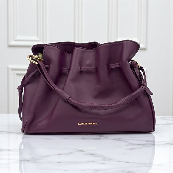 Badgley Mischka Drawstring Bucket Bag Plum Gold Tone New Without Tags - Picture 1 of 8